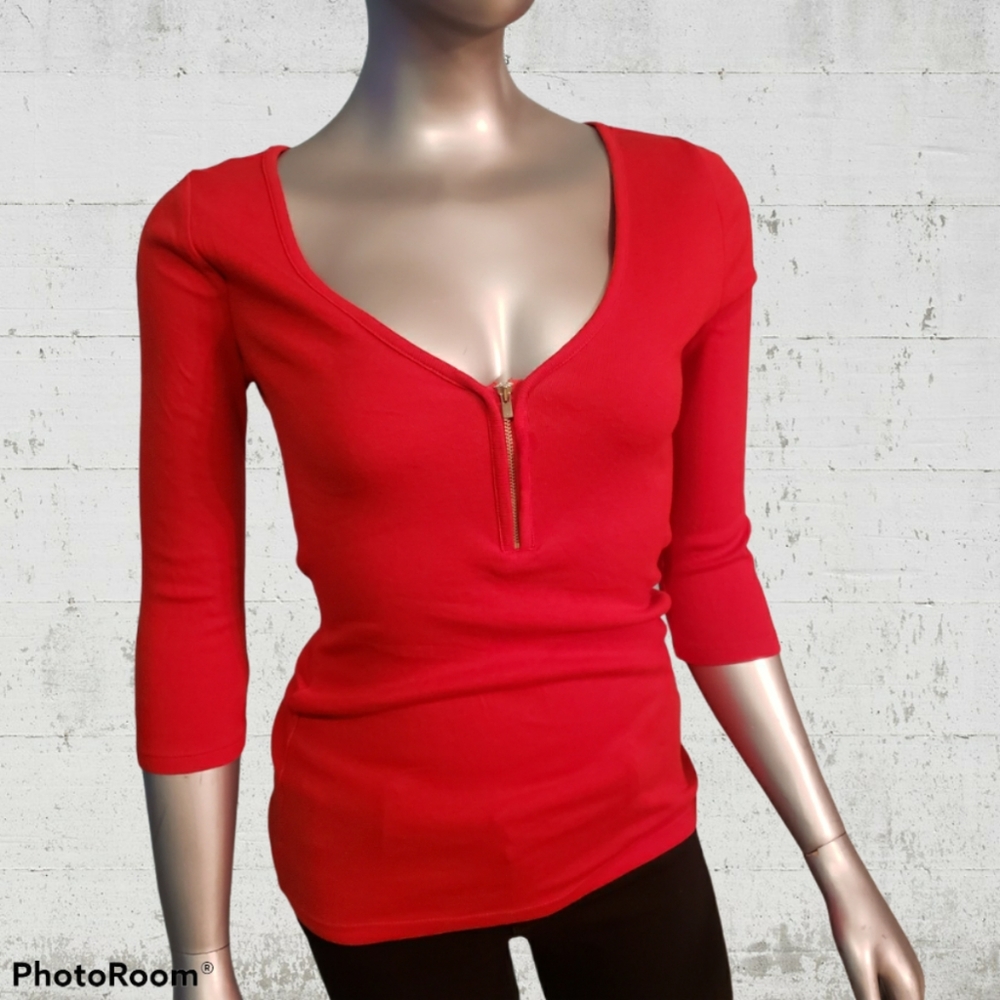 Express Red Deep V-Neck Sexy Zipper Top